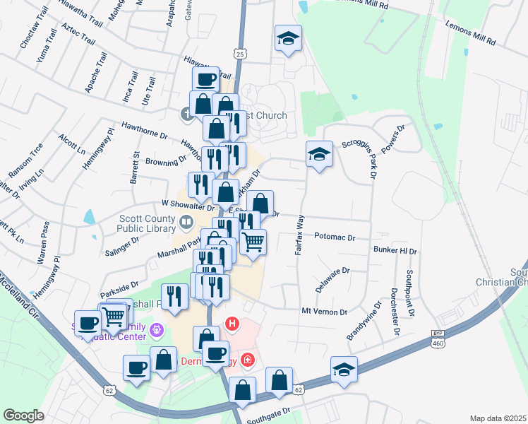 map of restaurants, bars, coffee shops, grocery stores, and more near 121 East Showalter Drive in Georgetown