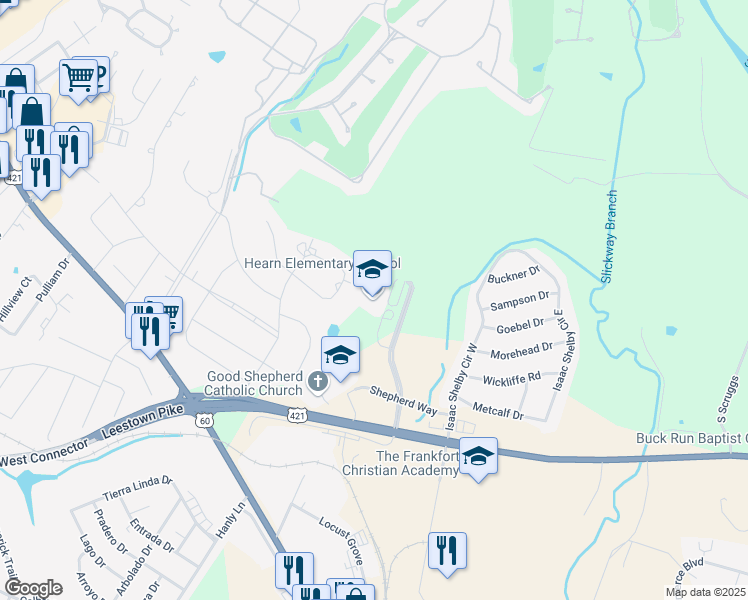 map of restaurants, bars, coffee shops, grocery stores, and more near 300 Copperleaf Boulevard in Frankfort