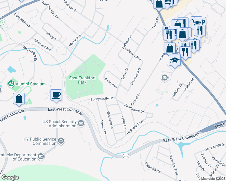 map of restaurants, bars, coffee shops, grocery stores, and more near 271 Smith Avenue in Frankfort