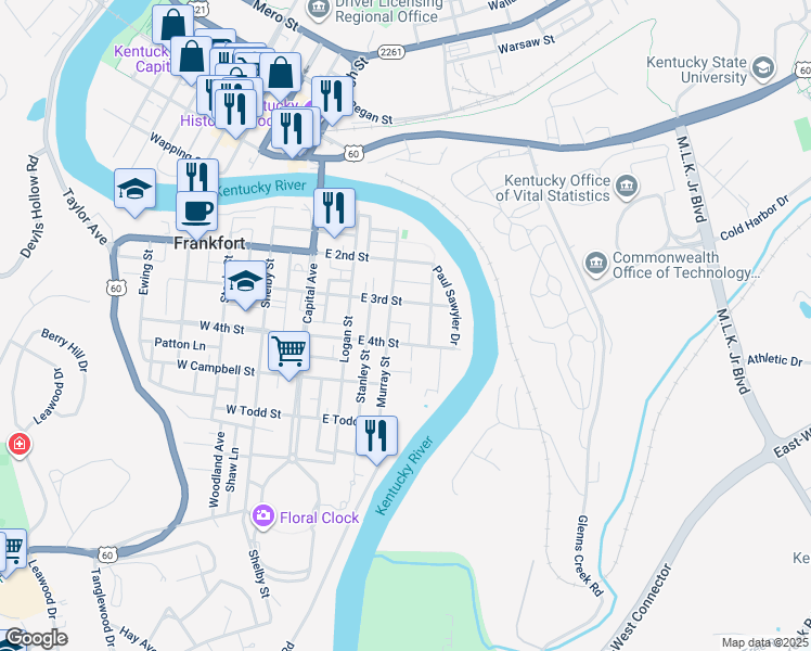 map of restaurants, bars, coffee shops, grocery stores, and more near 300 Goebel Court in Frankfort
