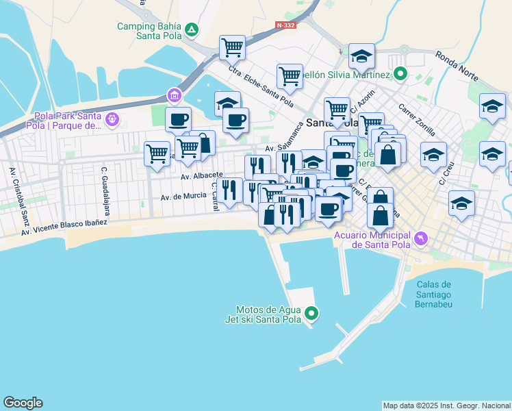 map of restaurants, bars, coffee shops, grocery stores, and more near 20 Avinguda Vicente Blasco Ibañez in Santa Pola