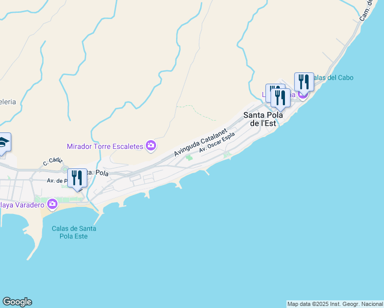 map of restaurants, bars, coffee shops, grocery stores, and more near 2A Avinguda Oscar Espla in Santa Pola
