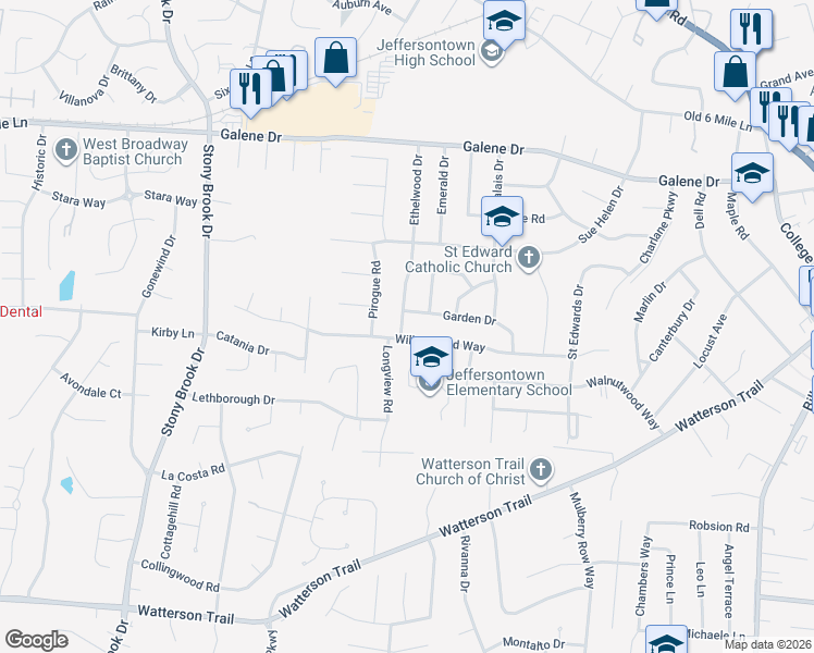 map of restaurants, bars, coffee shops, grocery stores, and more near 3612 Ethelwood Drive in Jeffersontown