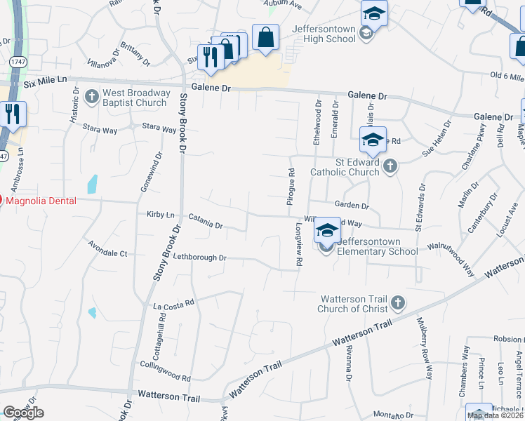 map of restaurants, bars, coffee shops, grocery stores, and more near 3711 Bigelow Drive in Jeffersontown
