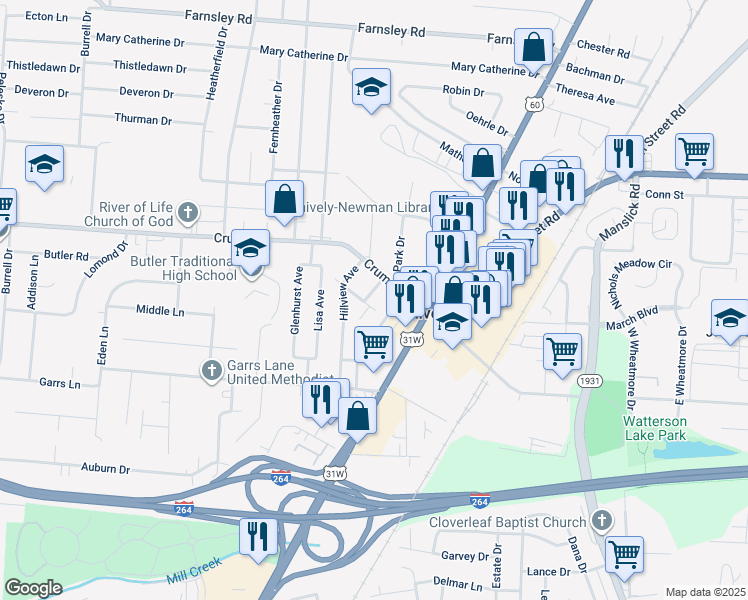 map of restaurants, bars, coffee shops, grocery stores, and more near 4006 Delores Avenue in Louisville