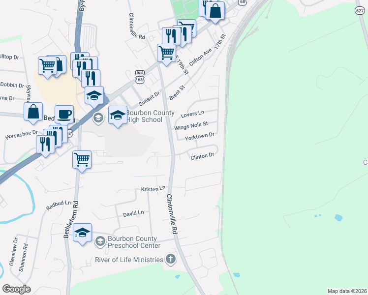 map of restaurants, bars, coffee shops, grocery stores, and more near 1916 Yorktown Drive in Paris