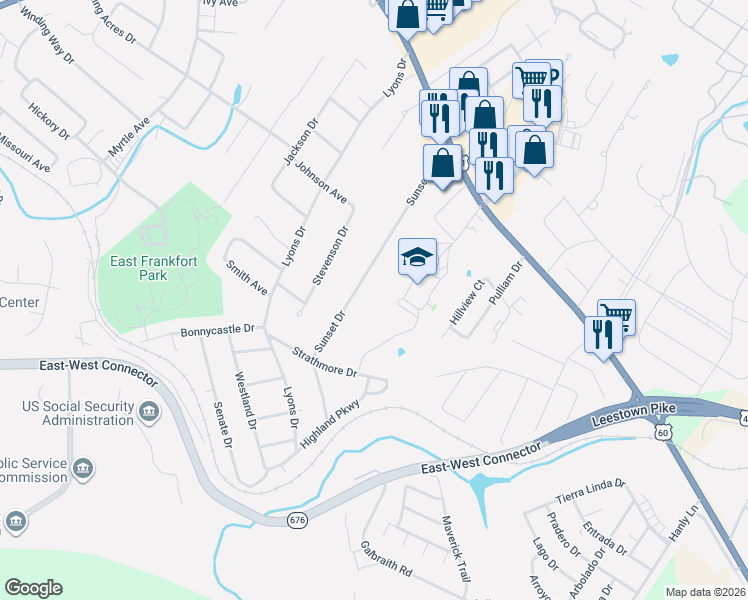 map of restaurants, bars, coffee shops, grocery stores, and more near 167 Sunset Drive in Frankfort