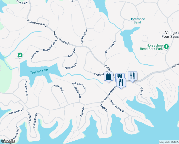 map of restaurants, bars, coffee shops, grocery stores, and more near 222 Evergreen Drive in Village of Four Seasons