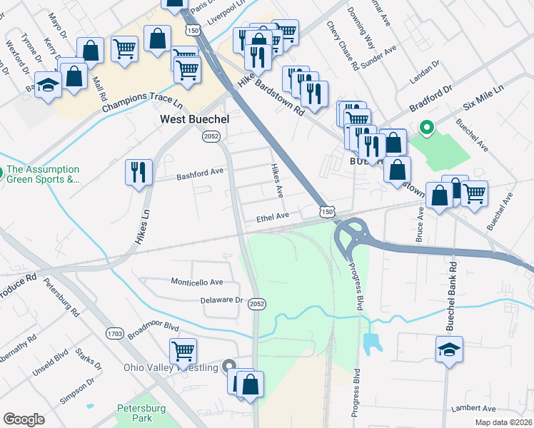 map of restaurants, bars, coffee shops, grocery stores, and more near 3714 Marvin Avenue in Louisville