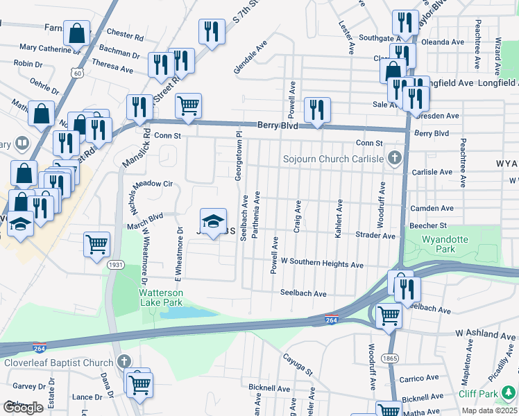 map of restaurants, bars, coffee shops, grocery stores, and more near 3642 Parthenia Avenue in Louisville