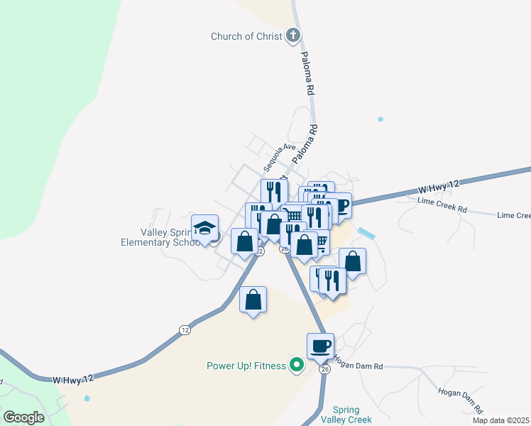 map of restaurants, bars, coffee shops, grocery stores, and more near 102 Daphne Street in Valley Springs