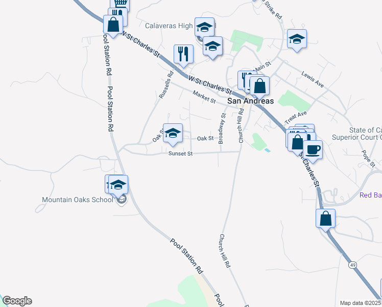 map of restaurants, bars, coffee shops, grocery stores, and more near Sunset St & Mariposa St in San Andreas