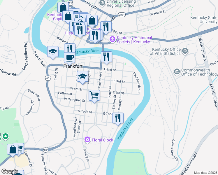 map of restaurants, bars, coffee shops, grocery stores, and more near 322 Logan Street in Frankfort