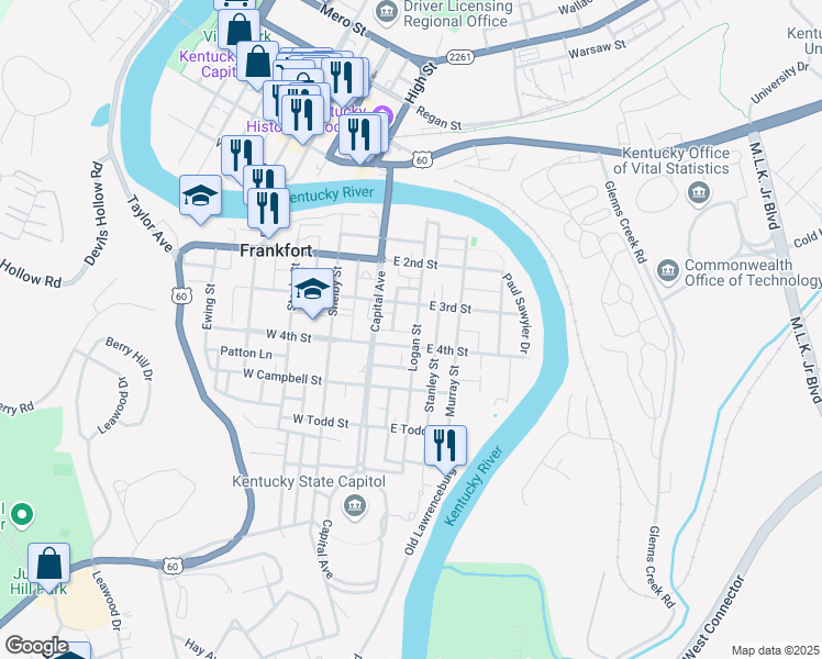 map of restaurants, bars, coffee shops, grocery stores, and more near 312 Logan Street in Frankfort