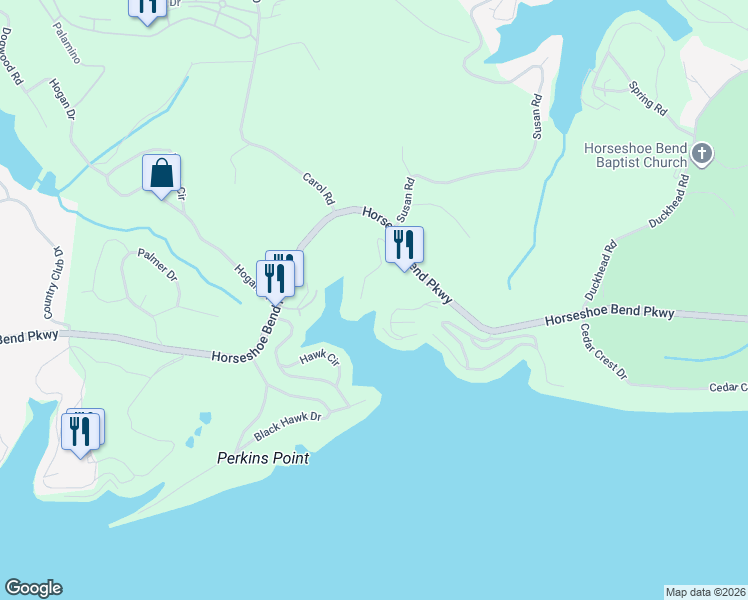 map of restaurants, bars, coffee shops, grocery stores, and more near Highland Shores in Lake Ozark