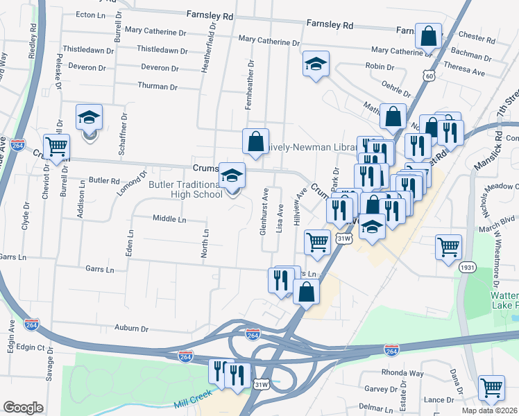 map of restaurants, bars, coffee shops, grocery stores, and more near 4019 Glenhurst Avenue in Louisville