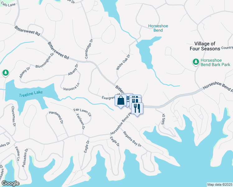 map of restaurants, bars, coffee shops, grocery stores, and more near 184 Bittersweet Road in Village of Four Seasons