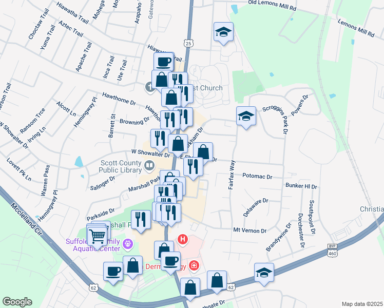 map of restaurants, bars, coffee shops, grocery stores, and more near 104 Markham Drive in Georgetown