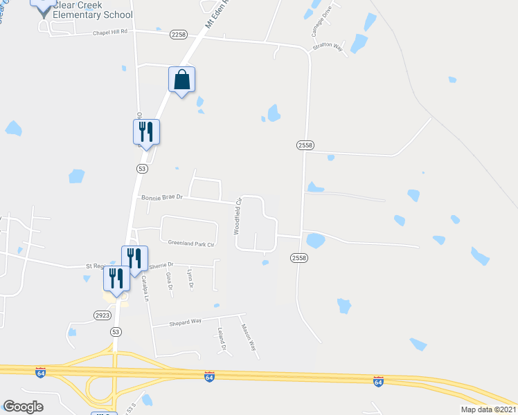 map of restaurants, bars, coffee shops, grocery stores, and more near 138 Woodfield Circle in Shelbyville