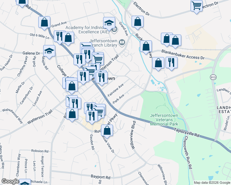 map of restaurants, bars, coffee shops, grocery stores, and more near 10518 Fairview Avenue in Louisville