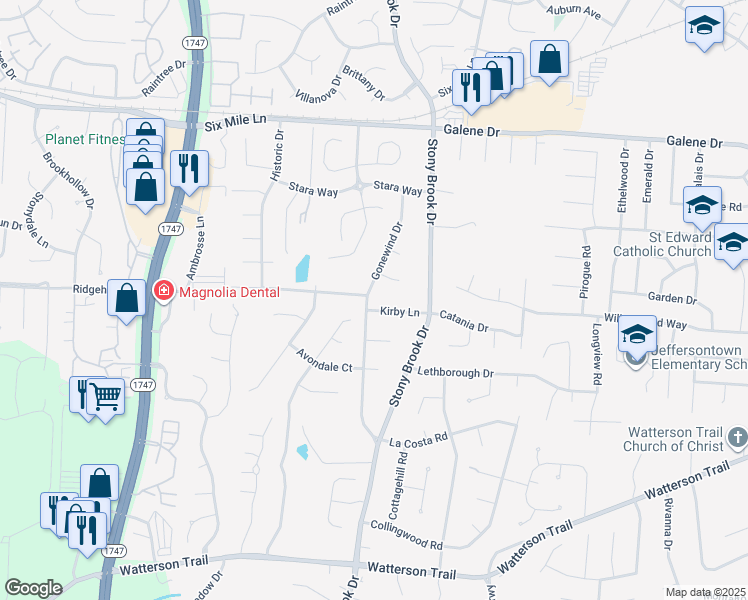 map of restaurants, bars, coffee shops, grocery stores, and more near 8823 Tranquil Valley Lane in Louisville