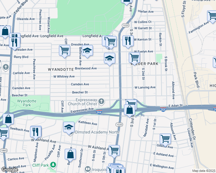 map of restaurants, bars, coffee shops, grocery stores, and more near 502 Camden Avenue in Louisville