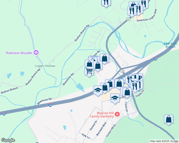 map of restaurants, bars, coffee shops, grocery stores, and more near 280 Kroger Center Drive in Morehead