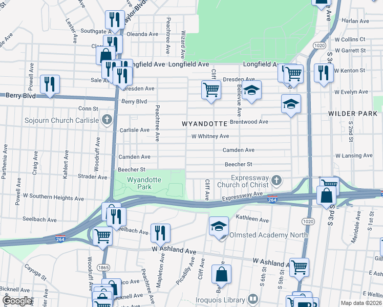 map of restaurants, bars, coffee shops, grocery stores, and more near 919 Camden Avenue in Louisville