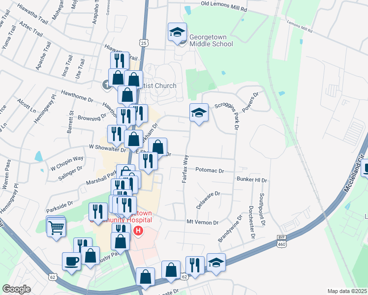 map of restaurants, bars, coffee shops, grocery stores, and more near 162 Fairfax Way in Georgetown