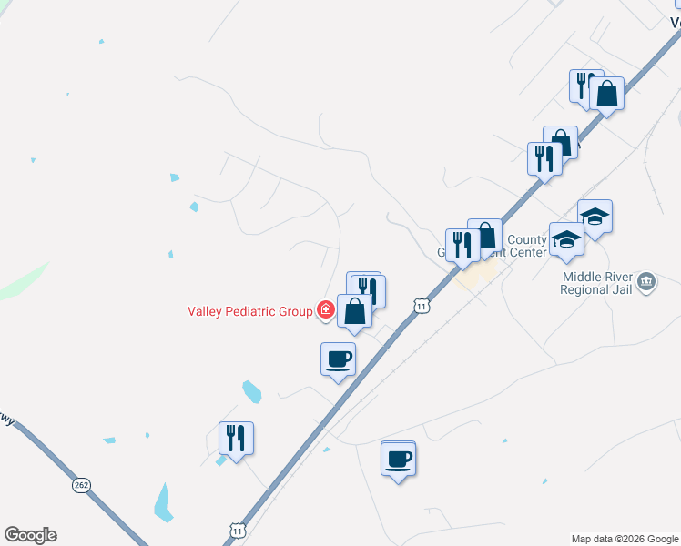map of restaurants, bars, coffee shops, grocery stores, and more near 107 Green Hills Drive in Staunton