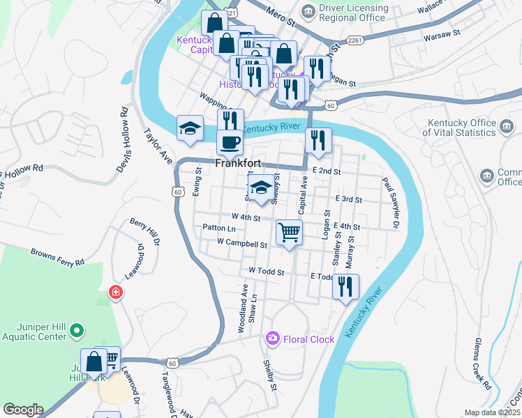 map of restaurants, bars, coffee shops, grocery stores, and more near 328 Shelby Street in Frankfort