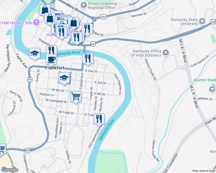map of restaurants, bars, coffee shops, grocery stores, and more near 300 Hermitage Drive in Frankfort