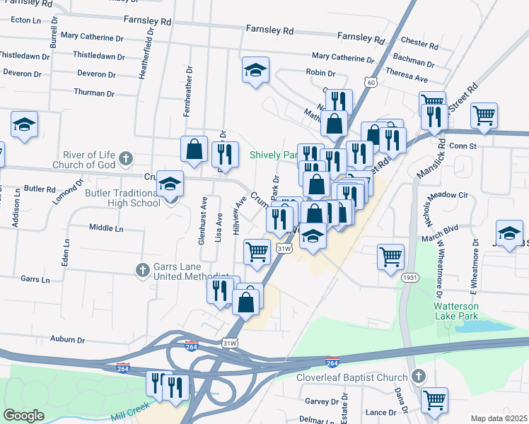 map of restaurants, bars, coffee shops, grocery stores, and more near 1908 Crums Lane in Louisville