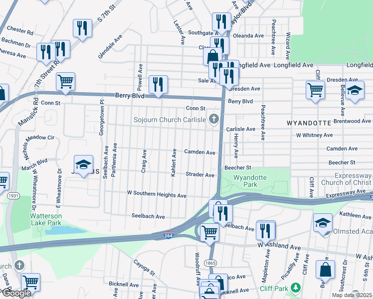 map of restaurants, bars, coffee shops, grocery stores, and more near 3648 Lentz Avenue in Louisville
