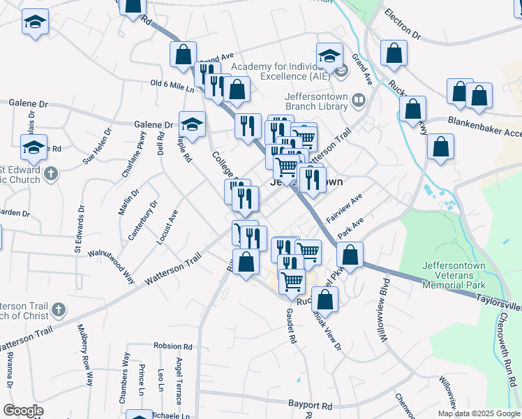 map of restaurants, bars, coffee shops, grocery stores, and more near 10321 Watterson Trail in Louisville