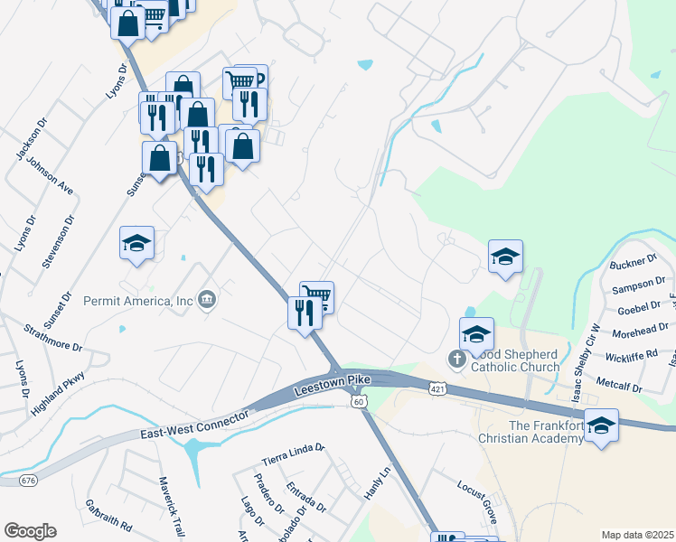map of restaurants, bars, coffee shops, grocery stores, and more near 139 Country Lane in Frankfort