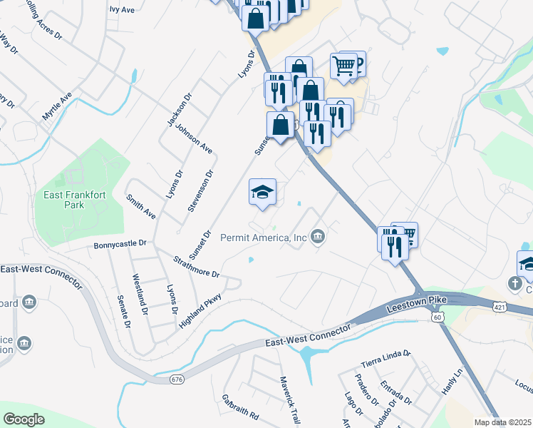 map of restaurants, bars, coffee shops, grocery stores, and more near 200 Laralan Avenue in Frankfort