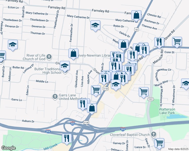 map of restaurants, bars, coffee shops, grocery stores, and more near 4006 Delores Avenue in Louisville