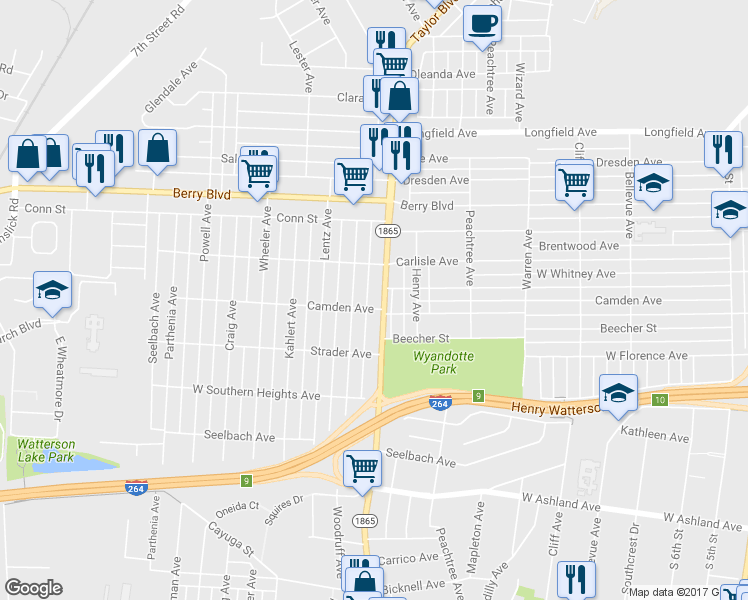map of restaurants, bars, coffee shops, grocery stores, and more near 3630 Taylor Boulevard in Louisville