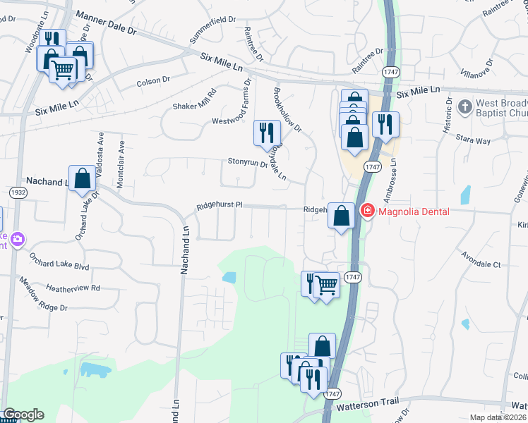 map of restaurants, bars, coffee shops, grocery stores, and more near 7818 Ridgehurst Place in Louisville