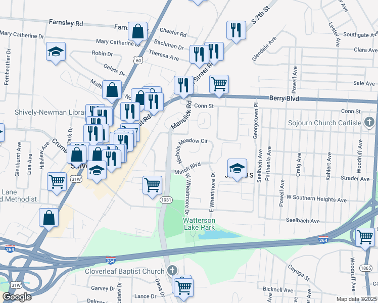 map of restaurants, bars, coffee shops, grocery stores, and more near 1839 Pikeview Court in Louisville