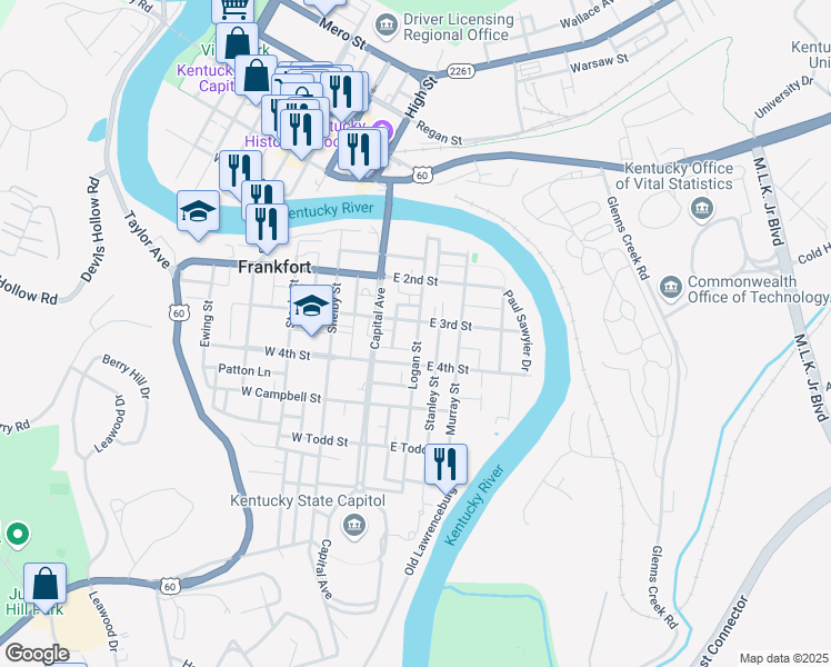 map of restaurants, bars, coffee shops, grocery stores, and more near 312 Logan St in Frankfort