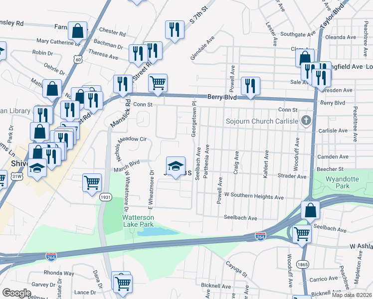 map of restaurants, bars, coffee shops, grocery stores, and more near 3612 Georgetown Pl in Louisville