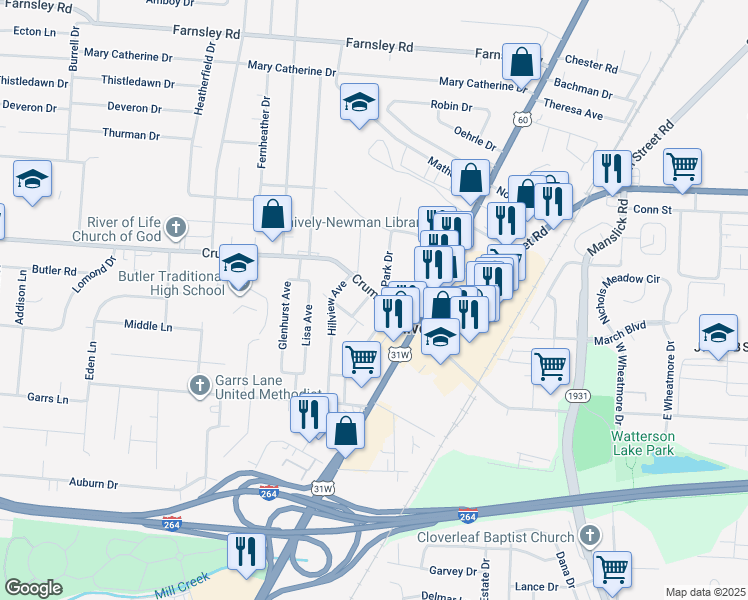 map of restaurants, bars, coffee shops, grocery stores, and more near 4006 Delores Avenue in Louisville