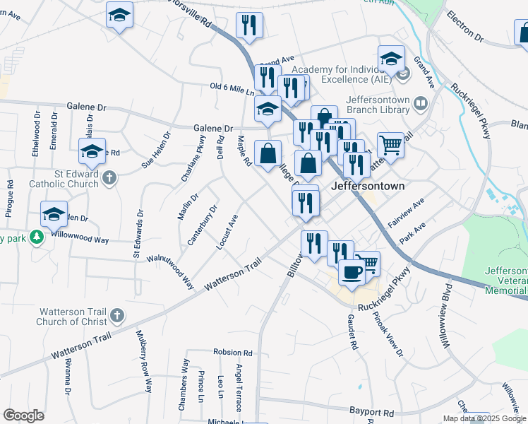 map of restaurants, bars, coffee shops, grocery stores, and more near 3613 Dell Road in Louisville