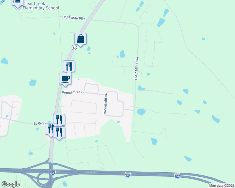 map of restaurants, bars, coffee shops, grocery stores, and more near 143 Woodfield Circle in Shelbyville