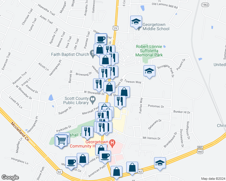 map of restaurants, bars, coffee shops, grocery stores, and more near 104 Markham Drive in Georgetown
