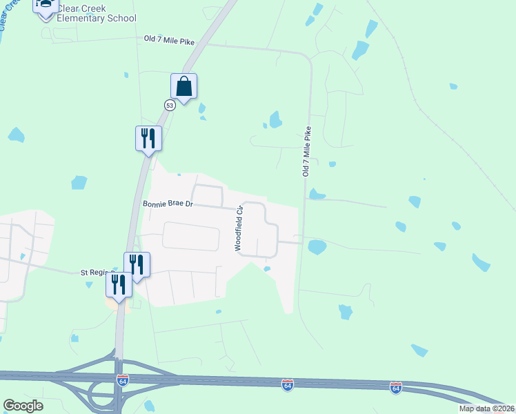 map of restaurants, bars, coffee shops, grocery stores, and more near 143 Woodfield Circle in Shelbyville