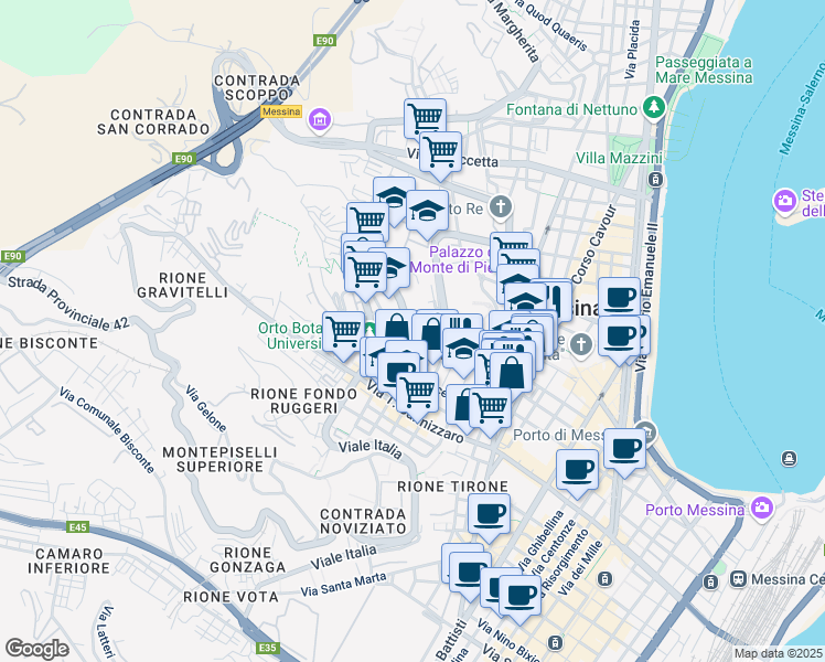 map of restaurants, bars, coffee shops, grocery stores, and more near 77 Viale Principe Umberto in Messina