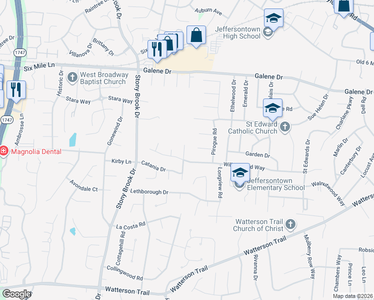 map of restaurants, bars, coffee shops, grocery stores, and more near 3711 Bigelow Drive in Jeffersontown